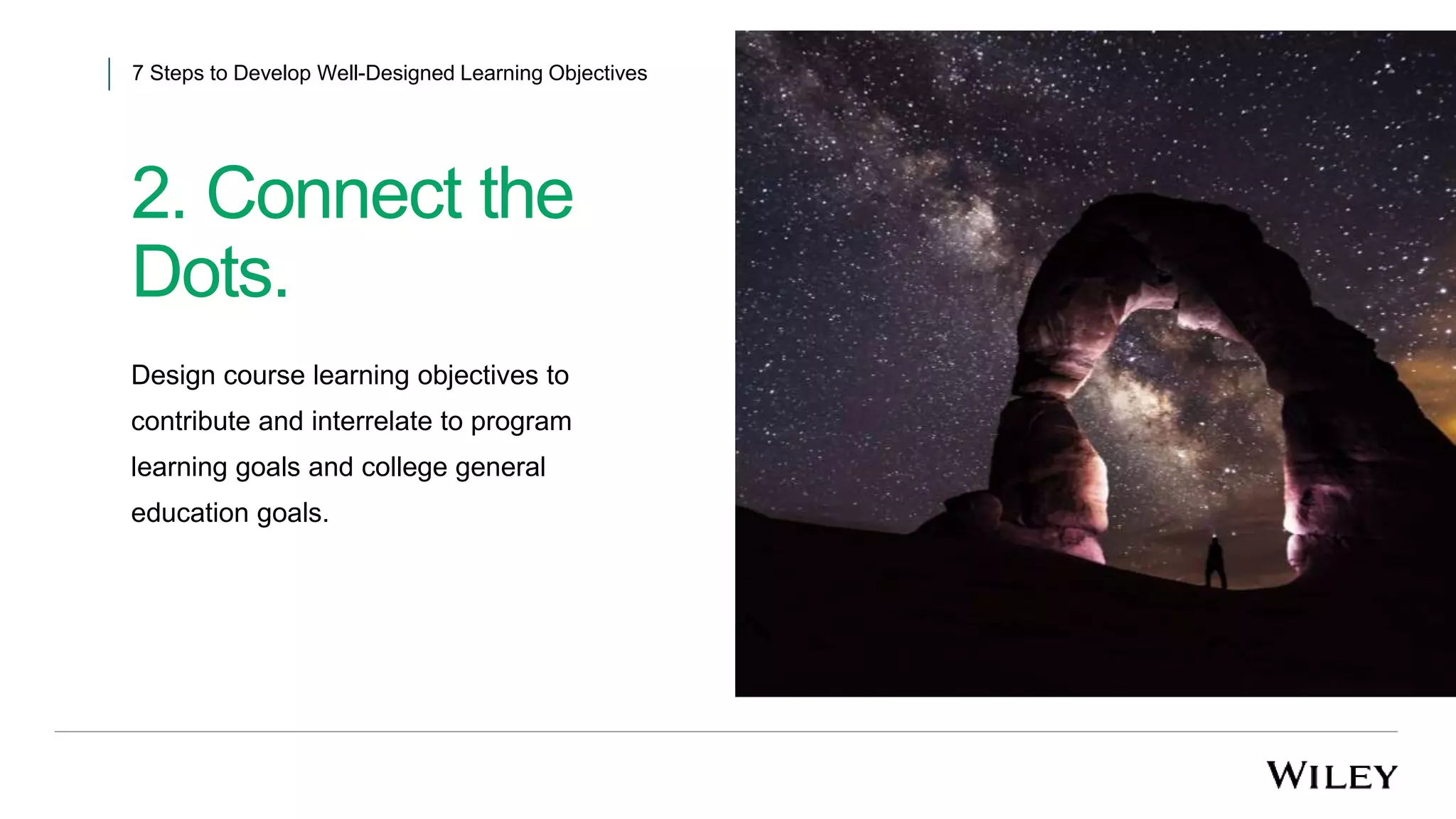 2. Connect the
Dots.
7 Steps to Develop Well-Designed Learning Objectives
Design course learning objectives to
contribute and interrelate to program
learning goals and college general
education goals.
 