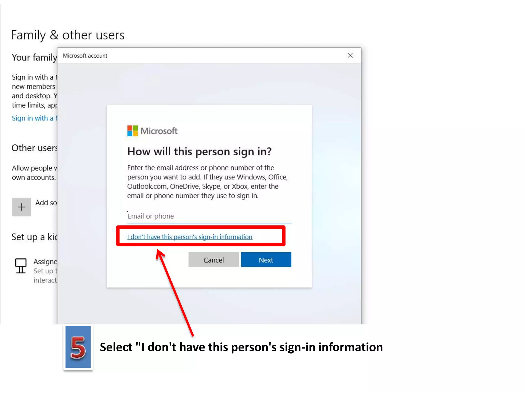 Select "I don't have this person's sign-in information