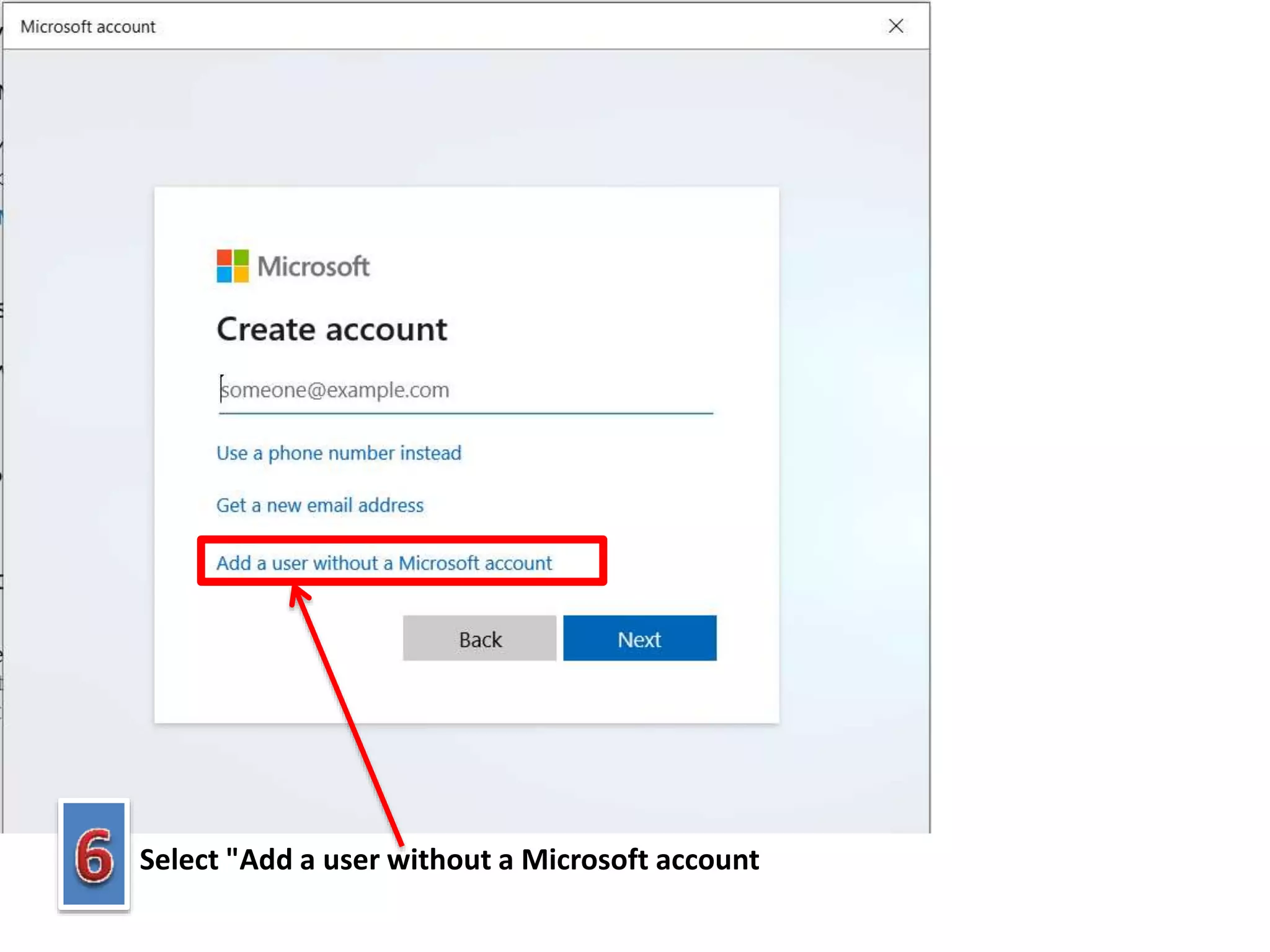 Select "Add a user without a Microsoft account