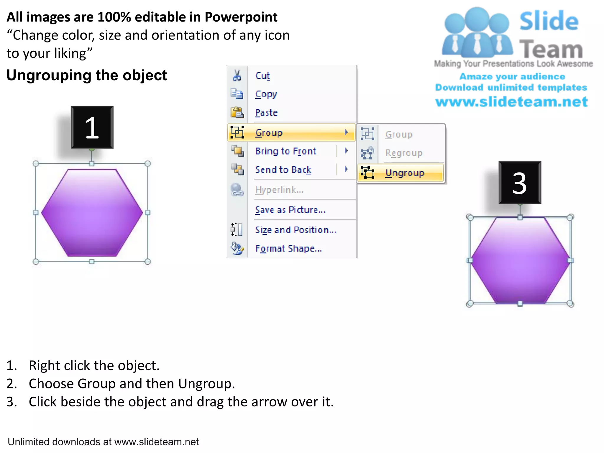 All images are 100% editable in Powerpoint
“Change color, size and orientation of any icon
to your liking”
Ungrouping the object


               1
                                                         3




1. Right click the object.
2. Choose Group and then Ungroup.
3. Click beside the object and drag the arrow over it.

Unlimited downloads at www.slideteam.net
 