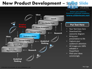 New Product Development – Style 5

                                                  Ideas
                                                                8        Launch

                                                      7      Live Market Tests
                        Creative                                                             Put Text Here
                        Thinking              6   Create Prototypes
                                                                                        •   Your Text Goes here
                                   5       Concept Testing                              •   Download this
                                                                             Research       awesome diagram
      Ideas               4    Evaluate & Refine                                        •   Bring your
                                                                                            presentation to life
                  3     Concept Testing                   Analytical                    •   Capture your
                Concept Idea                               Thinking                         audience’s attention
         2
                Generation                                                              •   All images are 100%
 1       Uncover                                                                            editable in
       Opportunities                   Research                                             PowerPoint
                                                                                        •   Pitch your ideas
                                                                                            convincingly
                Analytical
                 Thinking


Unlimited downloads at www.slideteam.net                                                                   Your Logo
 