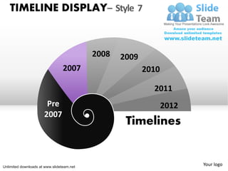 TIMELINE DISPLAY– Style 7


                                           2008   2009
                                 2007                    2010

                                                           2011
                       Pre                                      2012
                      2007
                                                   Timelines


Unlimited downloads at www.slideteam.net
                                                                       Your logo
 