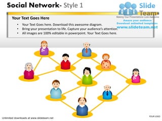 Social Network- Style 1
       Your Text Goes Here
           •   Your Text Goes here. Download this awesome diagram.
           •   Bring your presentation to life. Capture your audience’s attention.
           •   All images are 100% editable in powerpoint. Your Text Goes here.




                                                                                     YOUR LOGO
Unlimited downloads at www.slideteam.net
 