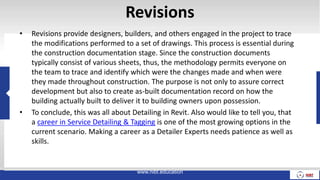 Revisions
• Revisions provide designers, builders, and others engaged in the project to trace
the modifications performed to a set of drawings. This process is essential during
the construction documentation stage. Since the construction documents
typically consist of various sheets, thus, the methodology permits everyone on
the team to trace and identify which were the changes made and when were
they made throughout construction. The purpose is not only to assure correct
development but also to create as-built documentation record on how the
building actually built to deliver it to building owners upon possession.
• To conclude, this was all about Detailing in Revit. Also would like to tell you, that
a career in Service Detailing & Tagging is one of the most growing options in the
current scenario. Making a career as a Detailer Experts needs patience as well as
skills.
www.nibt.education
 