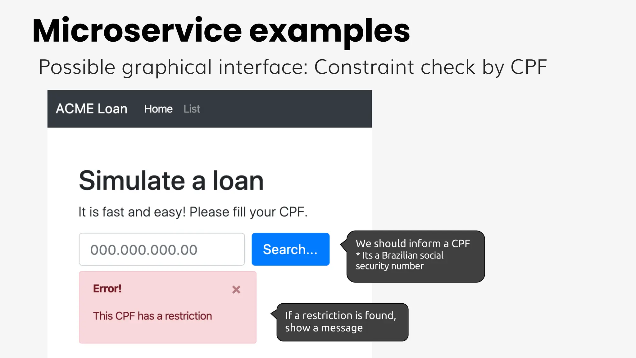 Microservice examples
Possible graphical interface: Constraint check by CPF
We should inform a CPF
* Its a Brazilian social
security number
If a restriction is found,
show a message
 