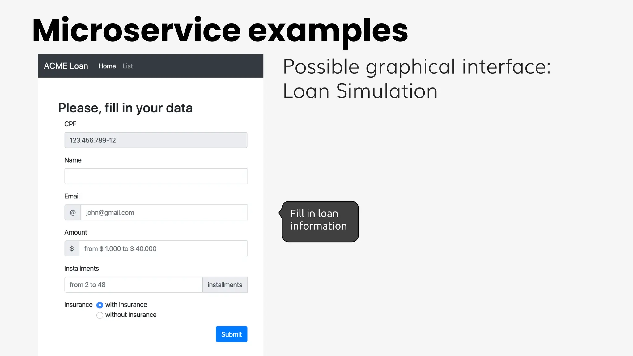 Microservice examples
Possible graphical interface:
Loan Simulation
Fill in loan
information
 