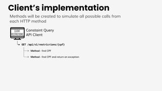 Client’s implementation
Methods will be created to simulate all possible calls from
each HTTP method
CLIENT
RESTRICTIONS
GET /api/v1/restricrions/{cpf}
Constaint Query
API Client
Method - find CPF
Method - find CPF and return an exception
 