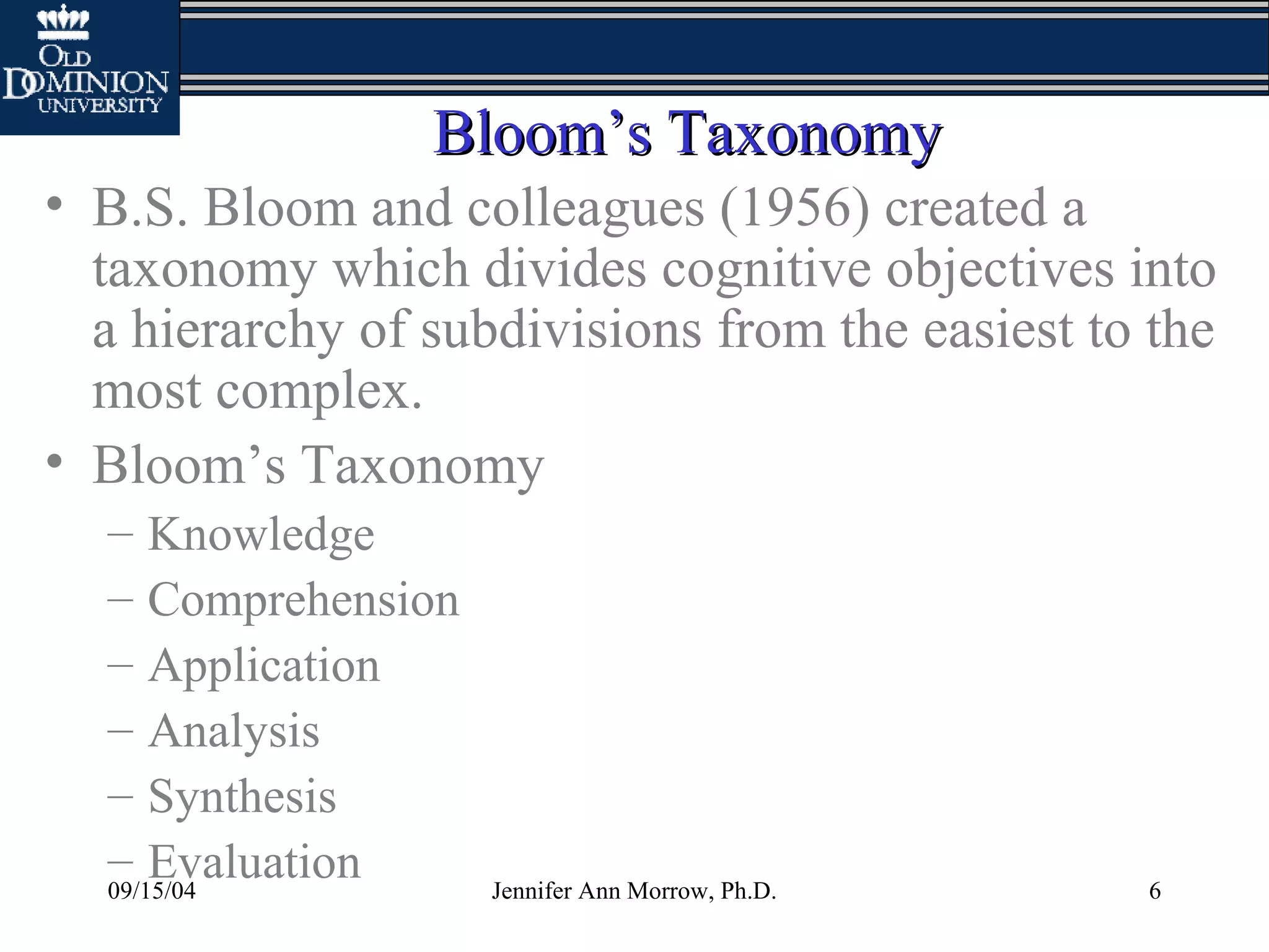 09/15/04 Jennifer Ann Morrow, Ph.D. 6
Bloom’s TaxonomyBloom’s Taxonomy
• B.S. Bloom and colleagues (1956) created a
taxonomy which divides cognitive objectives into
a hierarchy of subdivisions from the easiest to the
most complex.
• Bloom’s Taxonomy
– Knowledge
– Comprehension
– Application
– Analysis
– Synthesis
– Evaluation
 