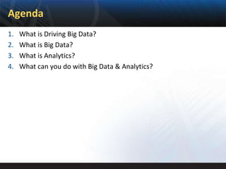 Agenda
1.   What is Driving Big Data?
2.   What is Big Data?
3.   What is Analytics?
4.   What can you do with Big Data & Analytics?
 