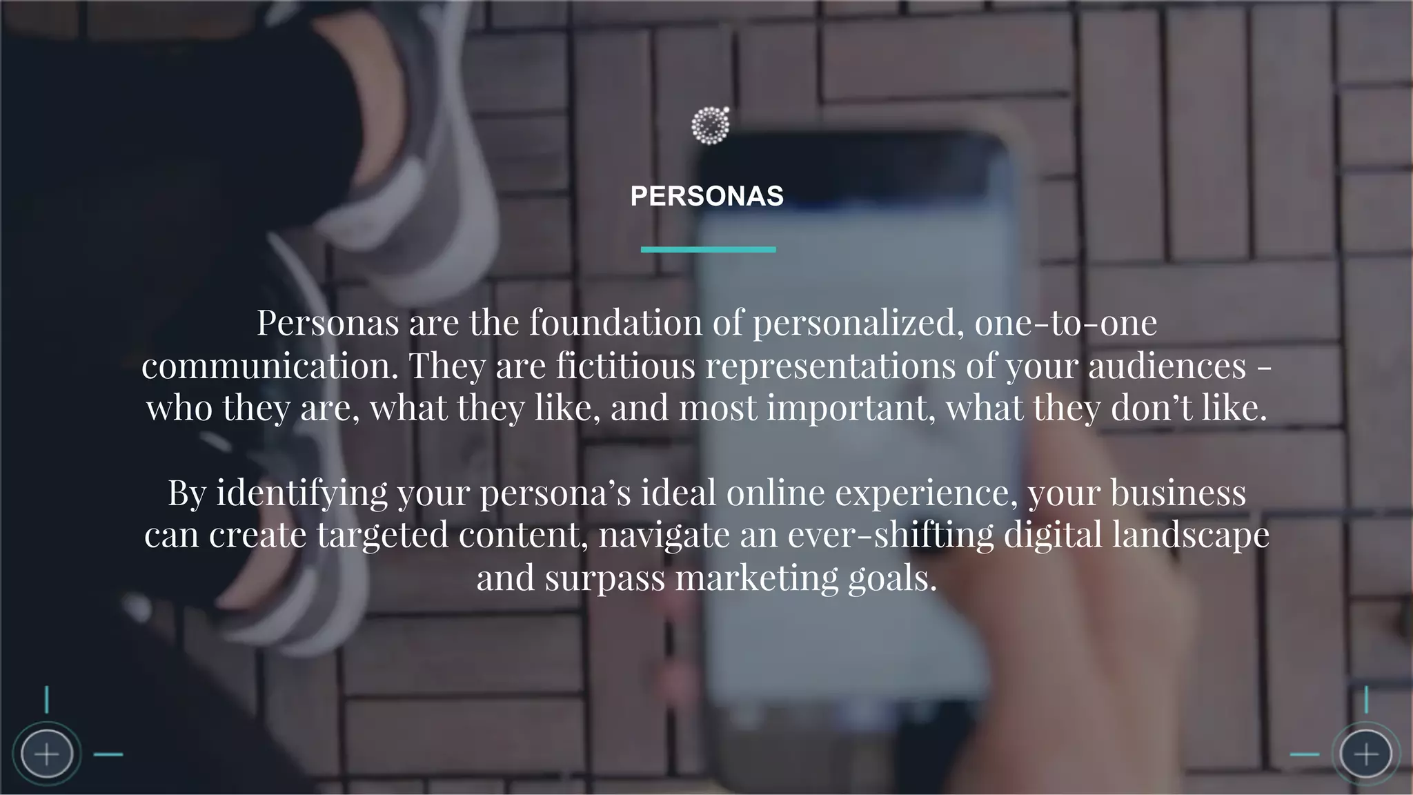 PERSONAS
Personas are the foundation of personalized, one-to-one
communication. They are fictitious representations of your audiences -
who they are, what they like, and most important, what they don’t like.
By identifying your persona’s ideal online experience, your business
can create targeted content, navigate an ever-shifting digital landscape
and surpass marketing goals.
 