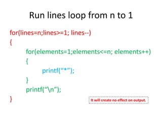Run lines loop from n to 1
for(lines=n;lines>=1; lines--)
{
for(elements=1;elements<=n; elements++)
{
printf(“*”);
}
printf(“n”);
} It will create no effect on output.
 