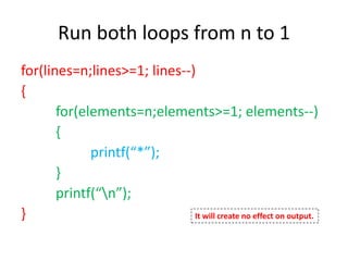 Run both loops from n to 1
for(lines=n;lines>=1; lines--)
{
for(elements=n;elements>=1; elements--)
{
printf(“*”);
}
printf(“n”);
} It will create no effect on output.
 