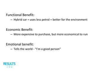 Functional Benefit:
– Hybrid car = uses less petrol = better for the environment
Economic Benefit:
– More expensive to purchase, but more economical to run
Emotional benefit:
– Tells the world - “I’m a good person”
 