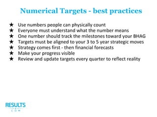 ★ Use numbers people can physically count
★ Everyone must understand what the number means
★ One number should track the milestones toward your BHAG
★ Targets must be aligned to your 3 to 5 year strategic moves
★ Strategy comes first - then financial forecasts
★ Make your progress visible
★ Review and update targets every quarter to reflect reality
Numerical Targets - best practices
 