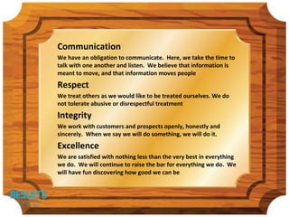 Communication
We have an obligation to communicate. Here, we take the time to
talk with one another and listen. We believe that information is
meant to move, and that information moves people
Respect
We treat others as we would like to be treated ourselves. We do
not tolerate abusive or disrespectful treatment
Integrity
We work with customers and prospects openly, honestly and
sincerely. When we say we will do something, we will do it.
Excellence
We are satisfied with nothing less than the very best in everything
we do. We will continue to raise the bar for everything we do. We
will have fun discovering how good we can be
 