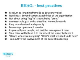 ★ Medium to long timeframe (5 to 10 years typical)
★ Non linear. Beyond current capabilities of the organization
★ Not about being “big” it’s about being “great”
★ A measurable goal with a deadline. No woolly words
★ Easy to understand and quantify
★ Measure progress each quarter
★ Inspires all your people, not just the management team
★ Your team will believe it to the extent the leader believes it
★ “Here’s where we are going” “Here’s what we need to do next”
★ Can outlive the involvement of the current leadership
BHAG© - best practices
 