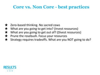 ★ Zero-based thinking. No sacred cows
★ What are you going to get into? (Invest resources)
★ What are you going to get out of? (Divest resources)
★ Prune the rosebush. Focus your resources
★ Strategy requires tradeoffs. What are you NOT going to do?
Core vs. Non Core - best practices
 