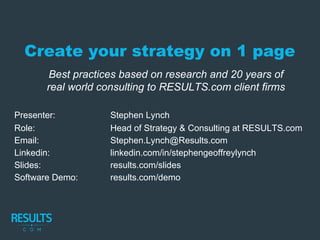 Create your strategy on 1 page
Best practices based on research and 20 years of
real world consulting to RESULTS.com client firms
Presenter: Stephen Lynch
Role: Head of Strategy & Consulting at RESULTS.com
Email: Stephen.Lynch@Results.com
Linkedin: linkedin.com/in/stephengeoffreylynch
Slides: results.com/slides
Software Demo: results.com/demo
 