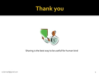 Sharing is the best way to be usefull for human kind

w.darmadi@gmail.com

9

 