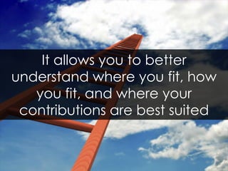 It allows you to better understand where you fit, how you fit, and where your contributions are best suited
