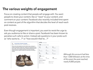 The various weights of engagement
Focus on creating content that people will engage with. You want
people to share your content, like or “react” to your content, and
comment on your content. Facebook also recently included time spent
on content as part of the algorithm that decides the level of reach each
post receives.
Even though engagement is important, you want to resist the urge to
ask you audience to like or share a post. Facebook has been known to
penalize such calls to action. Instead ask questions in your posts such
as “who wants to…?” or “how would it feel to…?”
Although this account had less
than 1,000 followers at the time
of this post, the post reached
nearly 4,000 people.
 