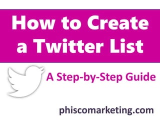 How to Create
a Twitter List
phiscomarketing.com
A Step-by-Step Guide
 