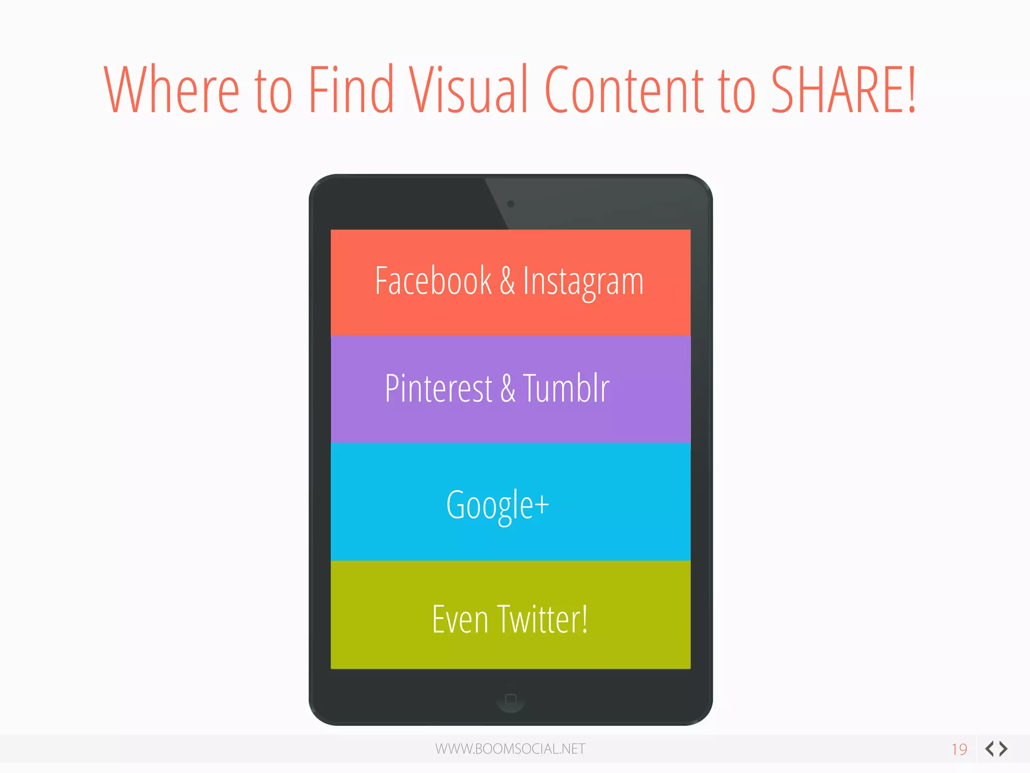 Where to Find Visual Content to SHARE! 
Google+ 
Facebook & Instagram 
Pinterest & Tumblr 
Even Twitter!  