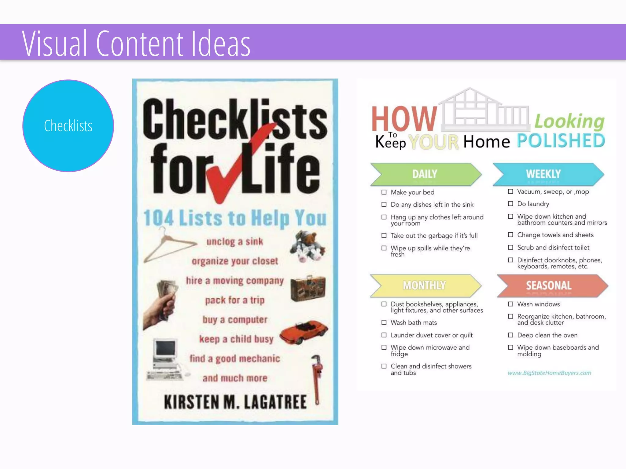 Checklists 
Visual Content Ideas  