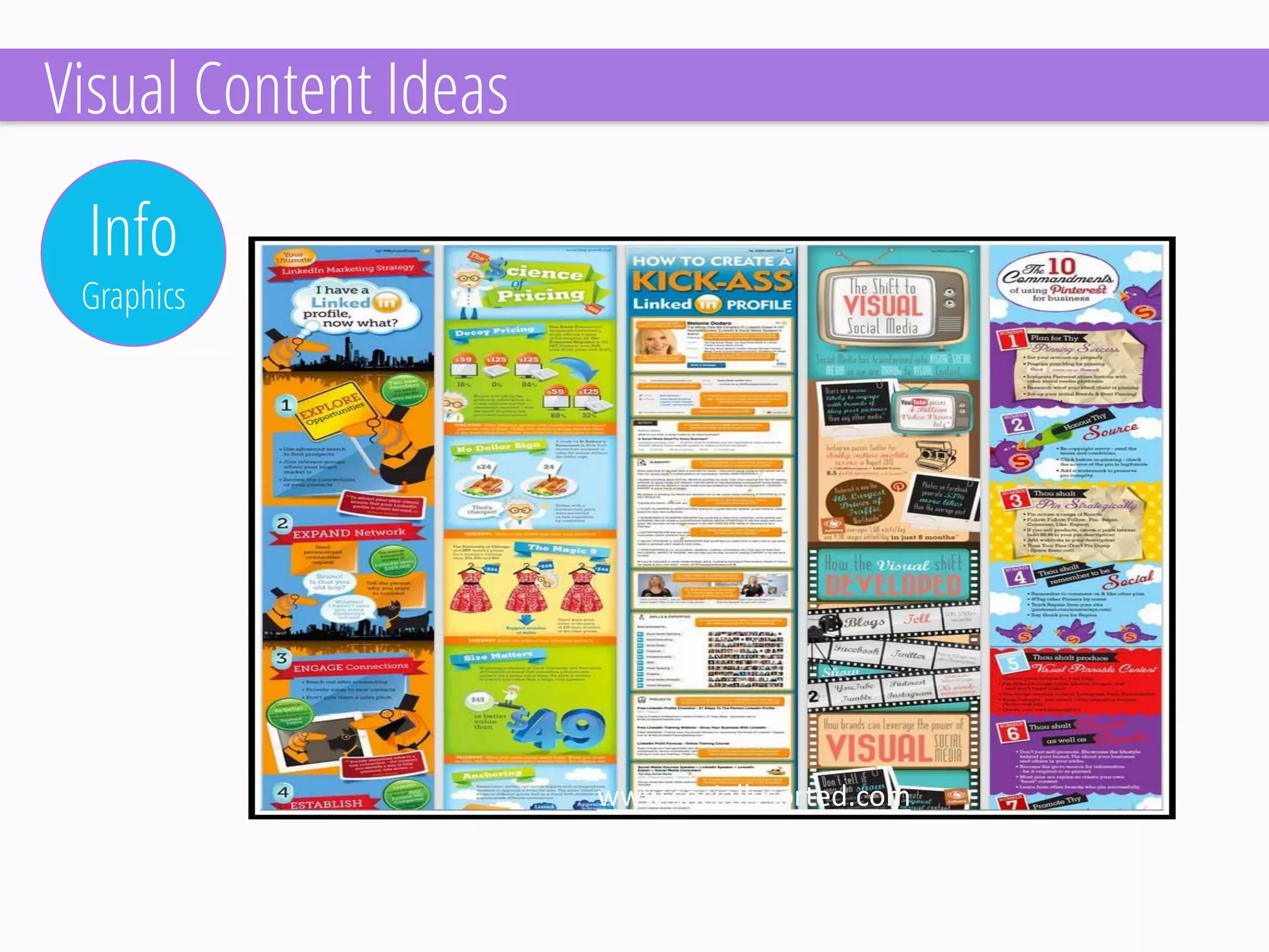 Info 
Graphics 
www.sociallysorted.com 
Visual Content Ideas  