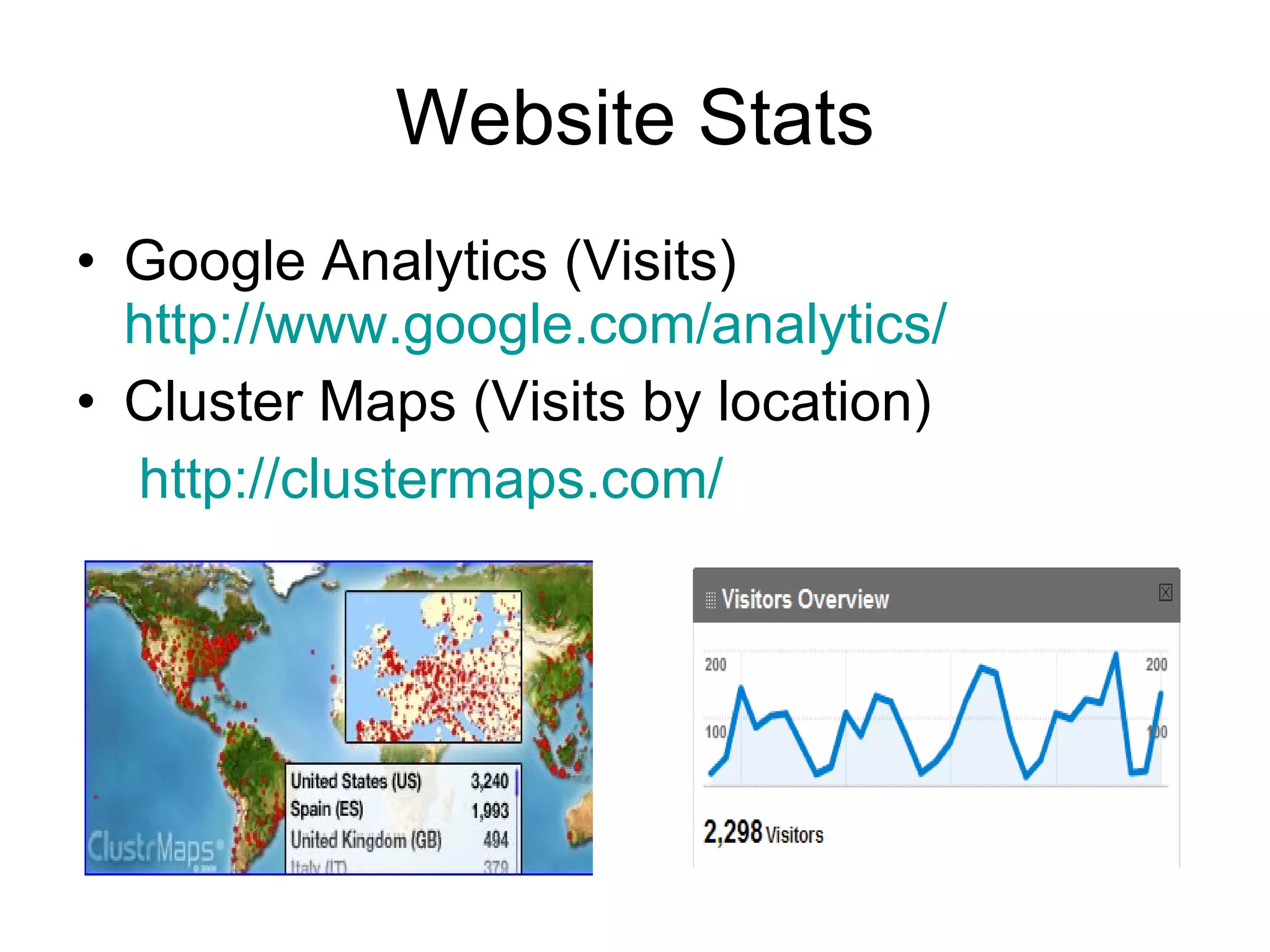 Website Stats Google Analytics (Visits)  http://www.google.com/analytics/   Cluster Maps (Visits by location) http://clustermaps.com/   
