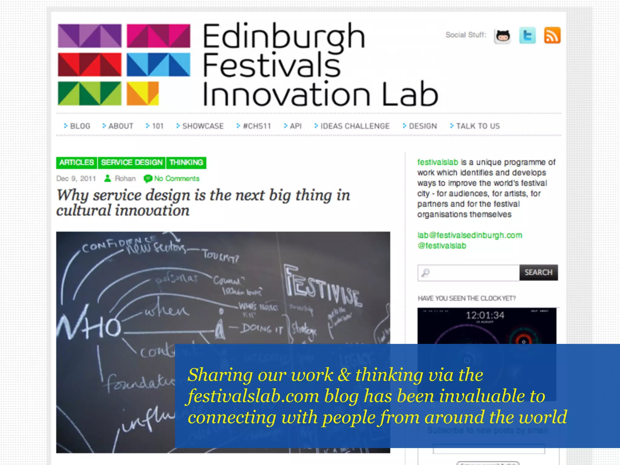 v




Sharing our work & thinking via the
festivalslab.com blog has been invaluable to
connecting with people from around the world
 