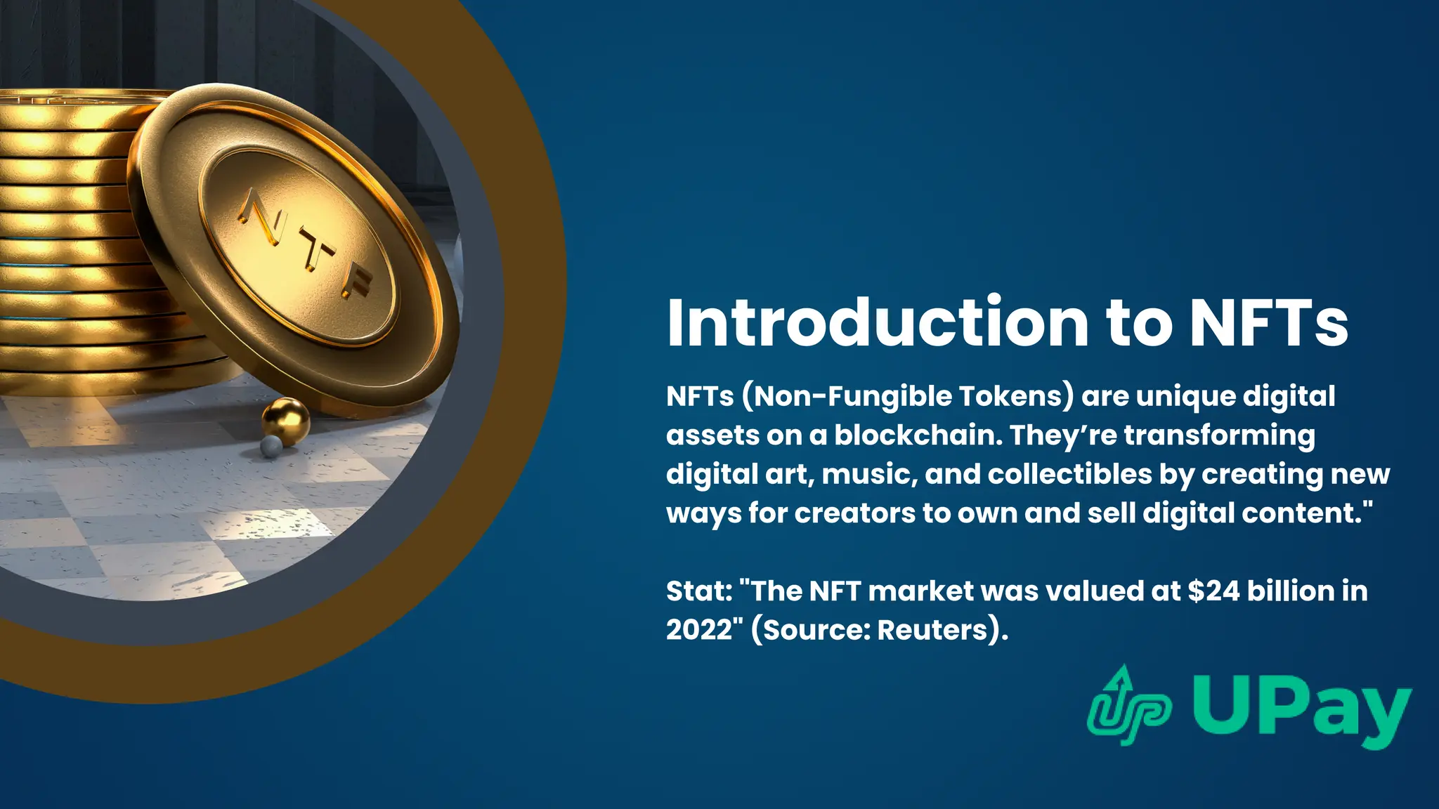 Introduction to NFTs
NFTs (Non-Fungible Tokens) are unique digital
assets on a blockchain. They’re transforming
digital art, music, and collectibles by creating new
ways for creators to own and sell digital content."
Stat: "The NFT market was valued at $24 billion in
2022" (Source: Reuters).
 