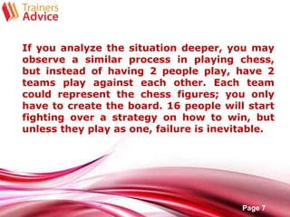 Free Powerpoint Templates
Page 7
If you analyze the situation deeper, you may
observe a similar process in playing chess,
but instead of having 2 people play, have 2
teams play against each other. Each team
could represent the chess figures; you only
have to create the board. 16 people will start
fighting over a strategy on how to win, but
unless they play as one, failure is inevitable.
 