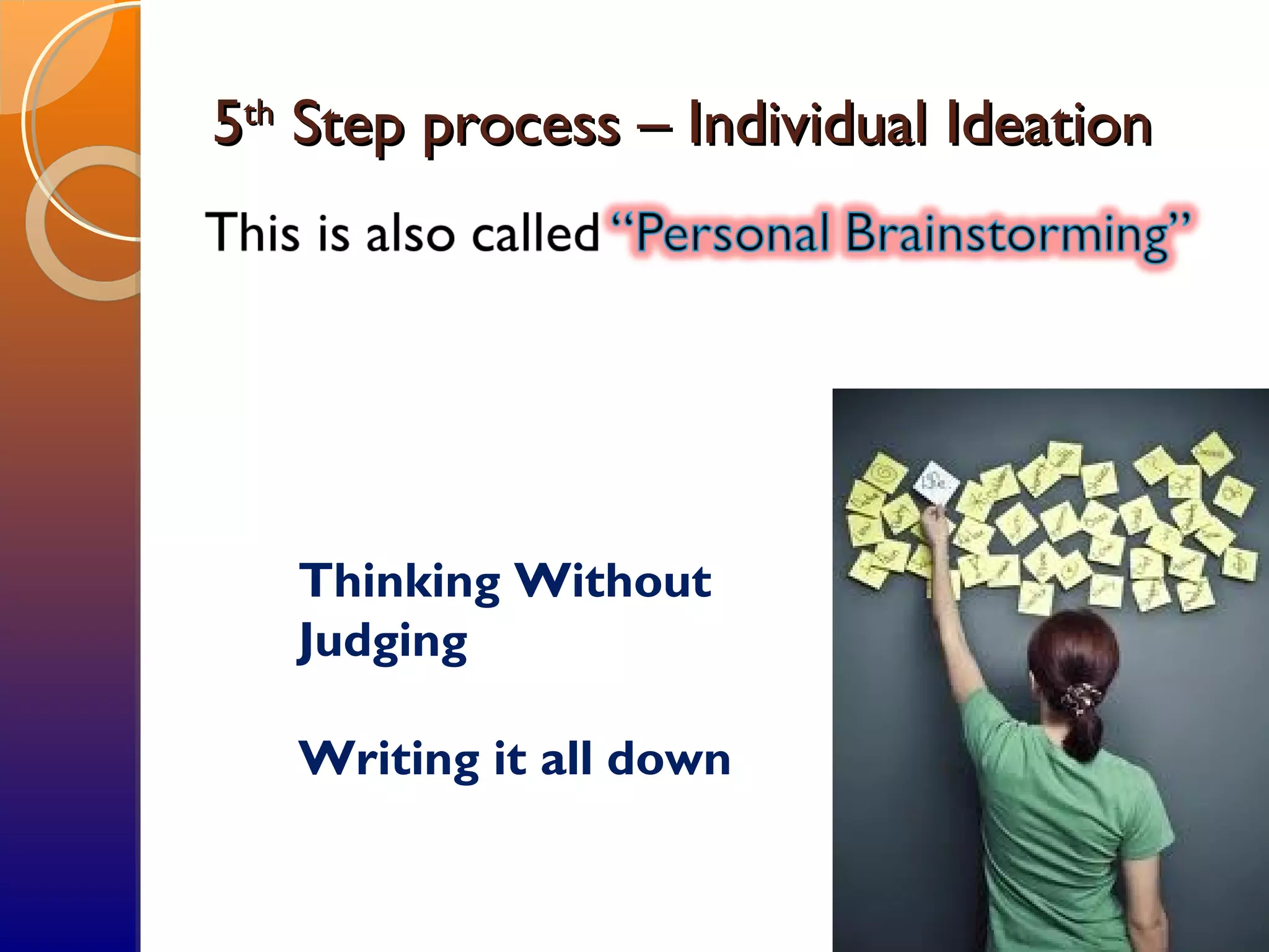 55thth
Step process – Individual IdeationStep process – Individual Ideation
Thinking Without
Judging
Writing it all down
 