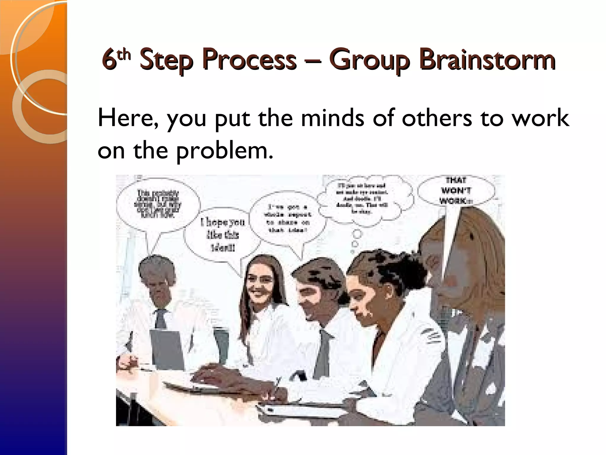 66thth
Step Process – Group BrainstormStep Process – Group Brainstorm
Here, you put the minds of others to work
on the problem.
 