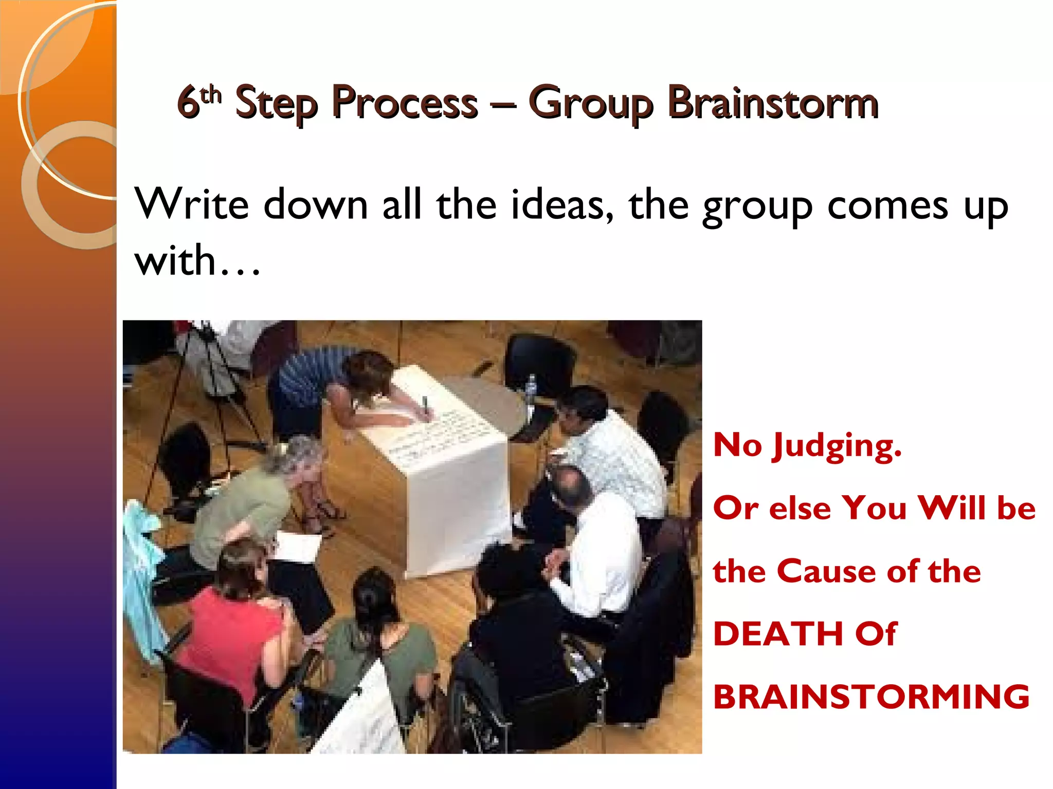 66thth
Step Process – Group BrainstormStep Process – Group Brainstorm
Write down all the ideas, the group comes up
with…
No Judging.
Or else You Will be
the Cause of the
DEATH Of
BRAINSTORMING
 