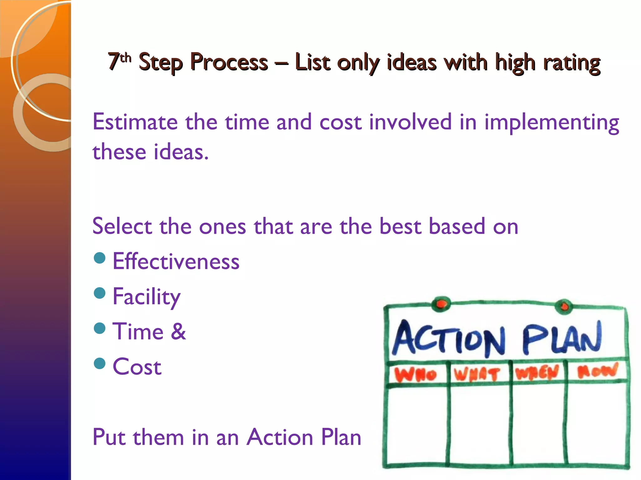 77thth
Step Process – List only ideas with high ratingStep Process – List only ideas with high rating
Estimate the time and cost involved in implementing
these ideas.
Select the ones that are the best based on
Effectiveness
Facility
Time &
Cost
Put them in an Action Plan
 