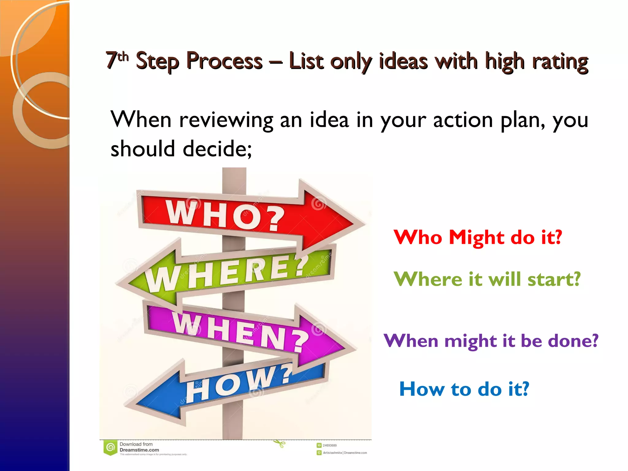 77thth
Step Process – List only ideas with high ratingStep Process – List only ideas with high rating
When reviewing an idea in your action plan, you
should decide;
Where it will start?
Who Might do it?
How to do it?
When might it be done?
 