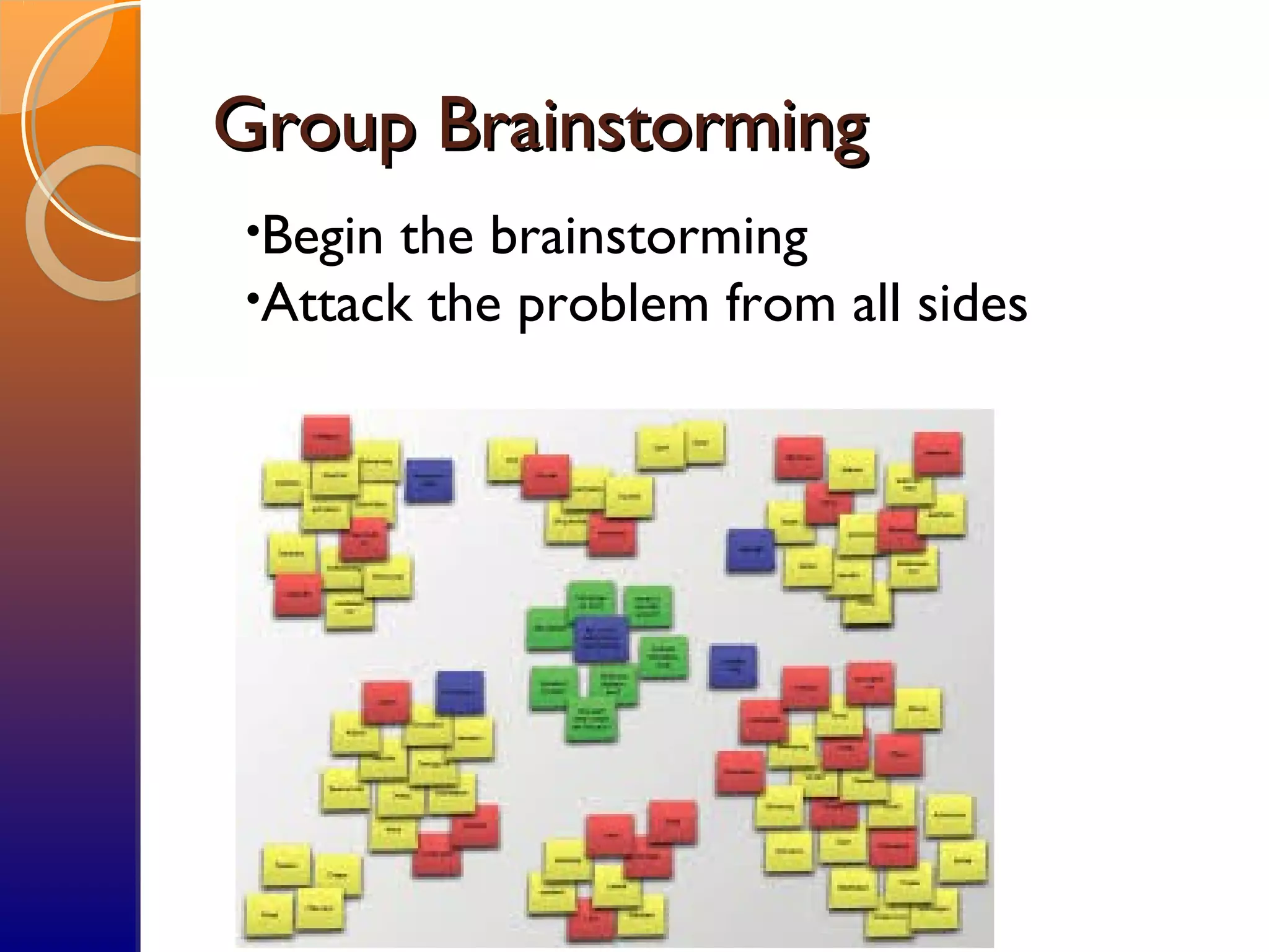 Group BrainstormingGroup Brainstorming
•Begin the brainstorming
•Attack the problem from all sides
 