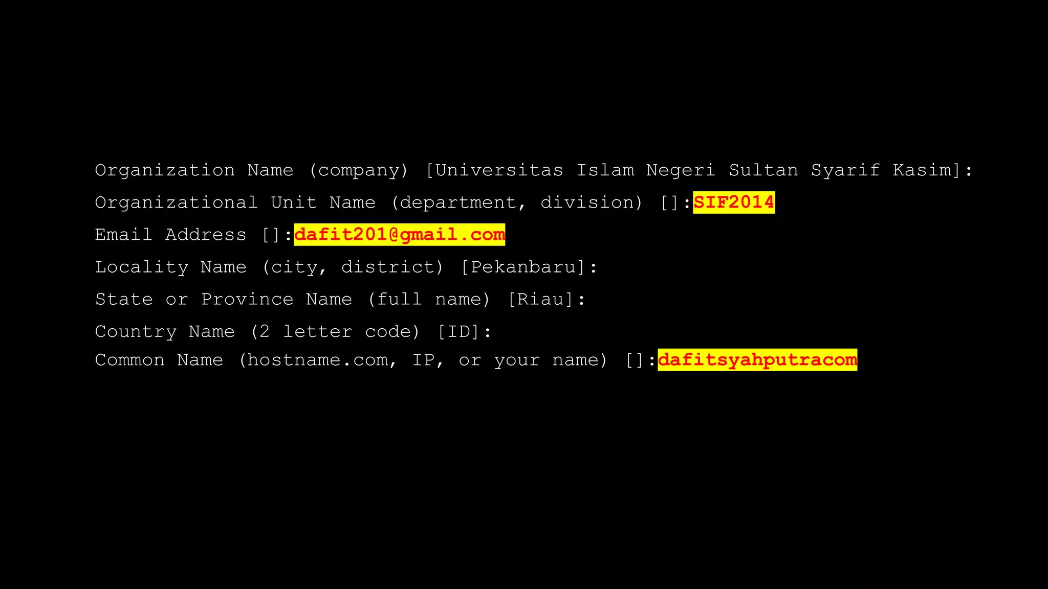Organization Name (company) [Universitas Islam Negeri Sultan Syarif Kasim]:
Organizational Unit Name (department, division) []:SIF2014
Email Address []:dafit201@gmail.com
Locality Name (city, district) [Pekanbaru]:
State or Province Name (full name) [Riau]:
Country Name (2 letter code) [ID]:
Common Name (hostname.com, IP, or your name) []:dafitsyahputracom
 