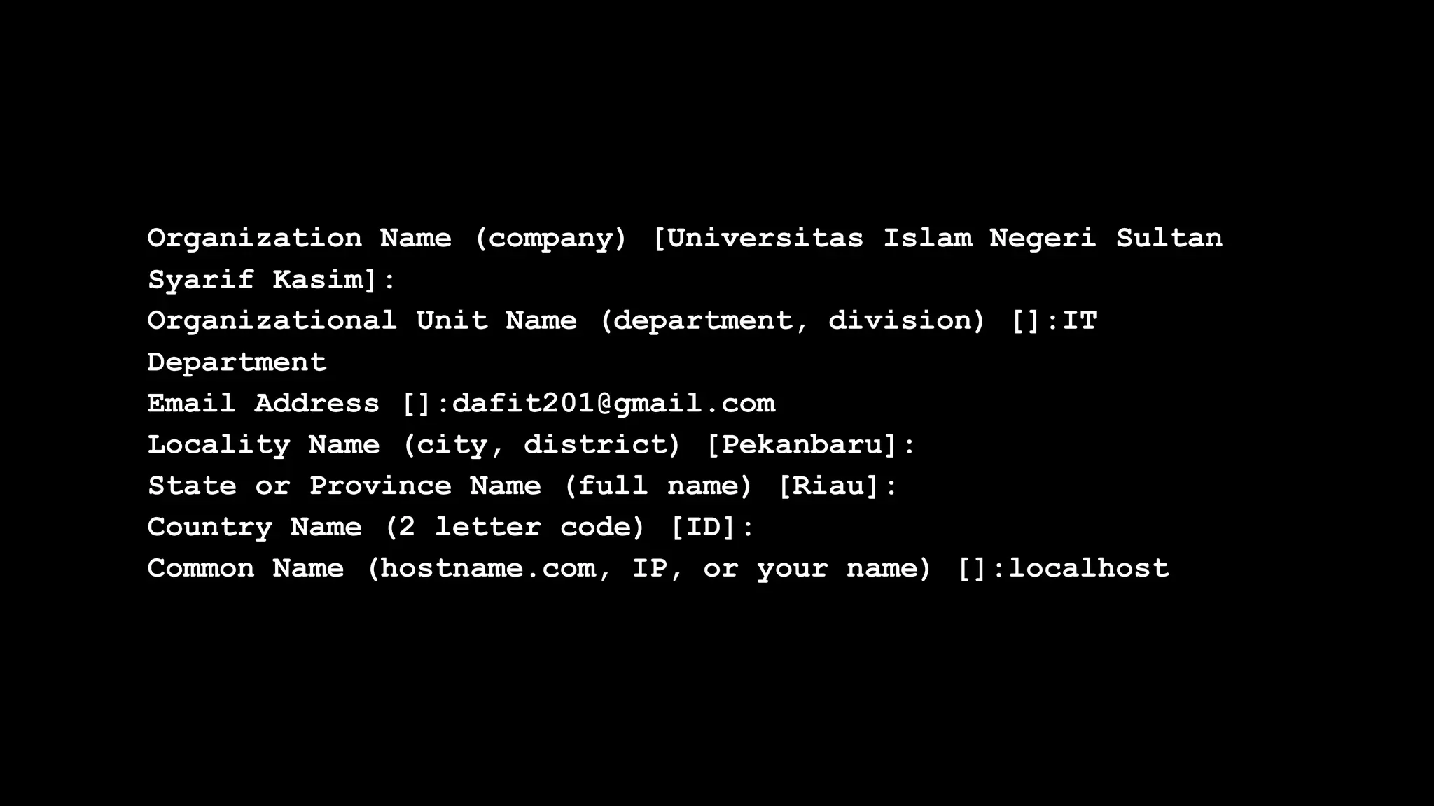 Organization Name (company) [Universitas Islam Negeri Sultan
Syarif Kasim]:
Organizational Unit Name (department, division) []:IT
Department
Email Address []:dafit201@gmail.com
Locality Name (city, district) [Pekanbaru]:
State or Province Name (full name) [Riau]:
Country Name (2 letter code) [ID]:
Common Name (hostname.com, IP, or your name) []:localhost
 