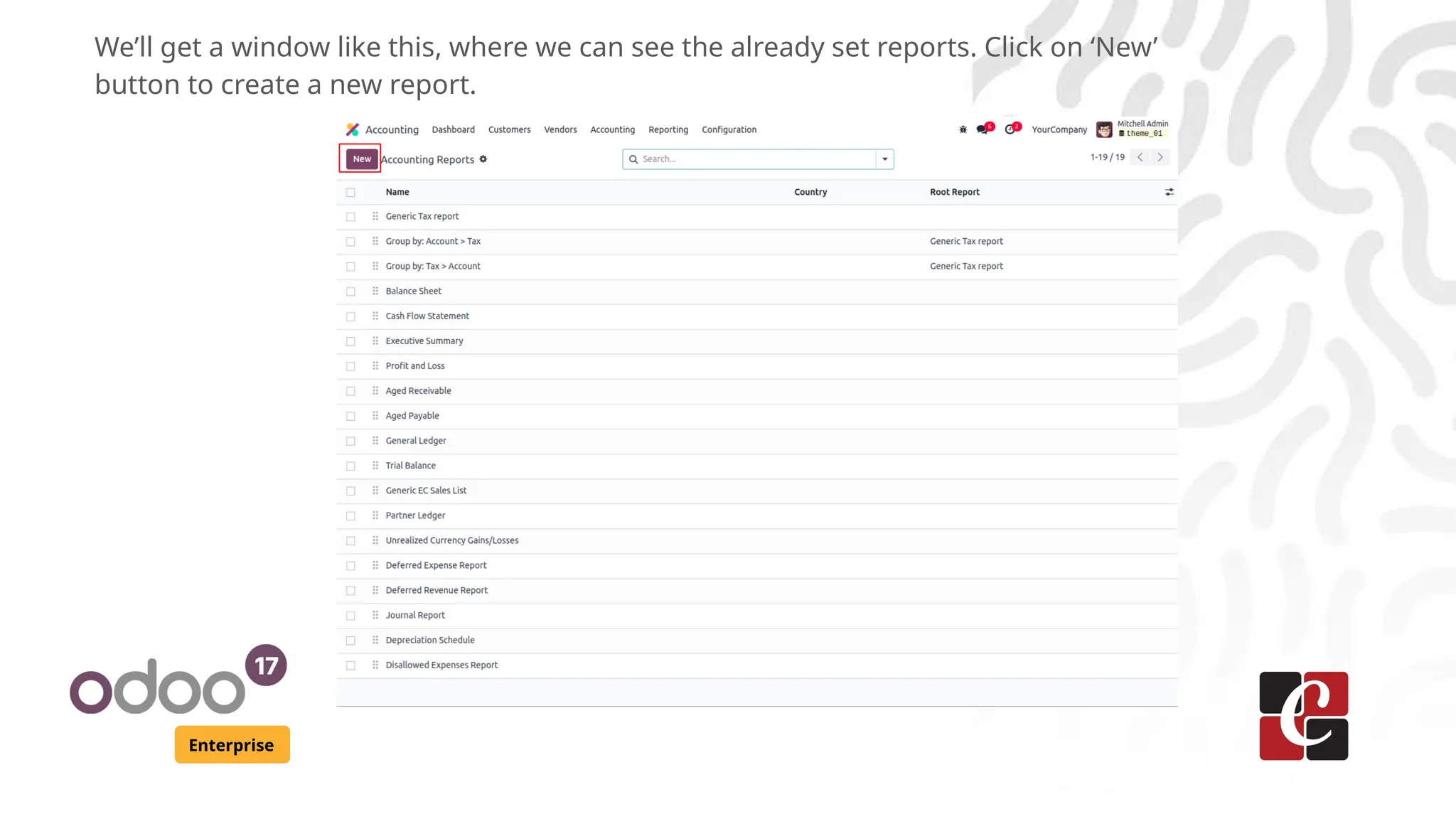 Enterprise
We’ll get a window like this, where we can see the already set reports. Click on ‘New’
button to create a new report.
 