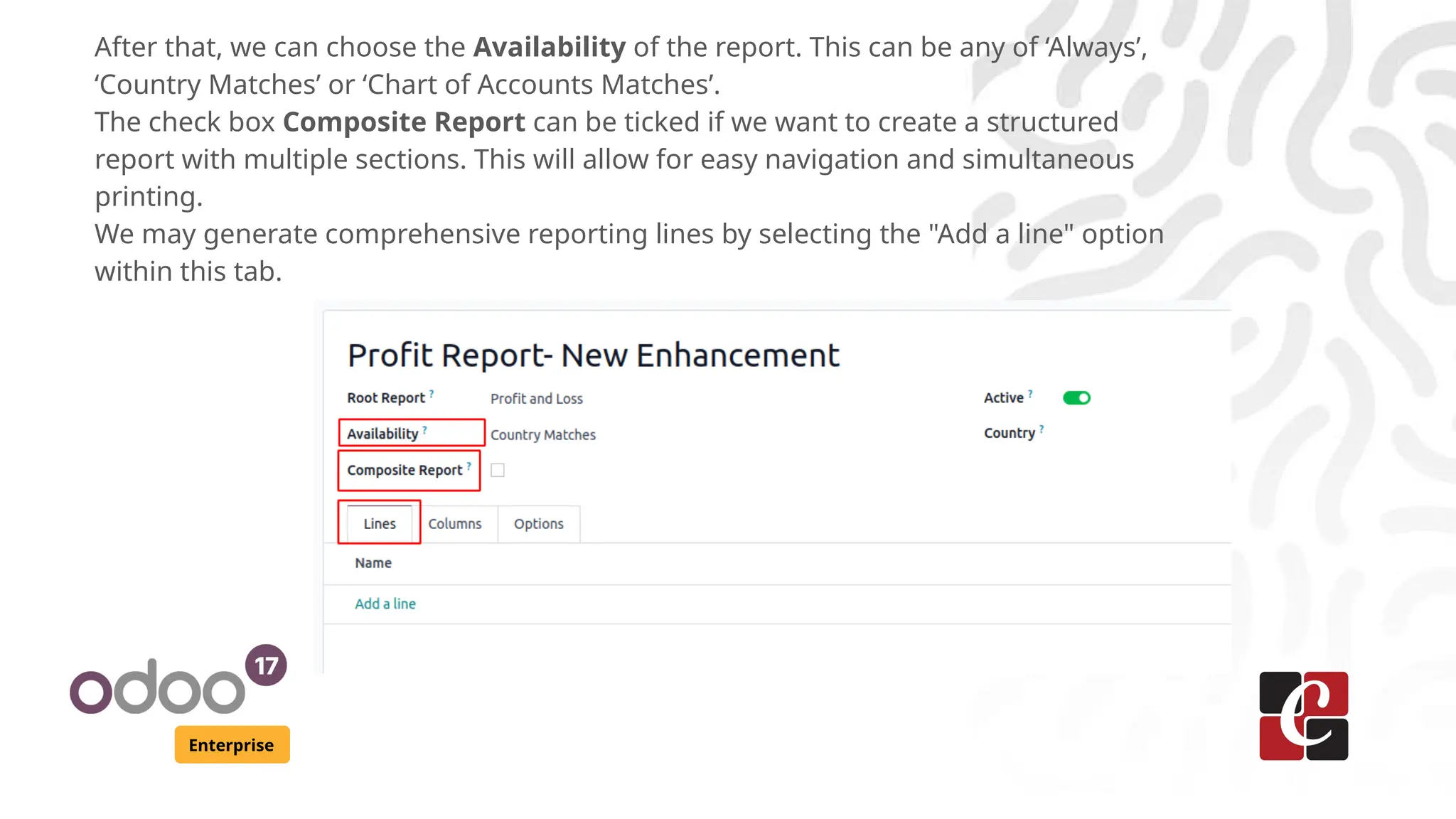 Enterprise
After that, we can choose the Availability of the report. This can be any of ‘Always’,
‘Country Matches’ or ‘Chart of Accounts Matches’.
The check box Composite Report can be ticked if we want to create a structured
report with multiple sections. This will allow for easy navigation and simultaneous
printing.
We may generate comprehensive reporting lines by selecting the "Add a line" option
within this tab.
 