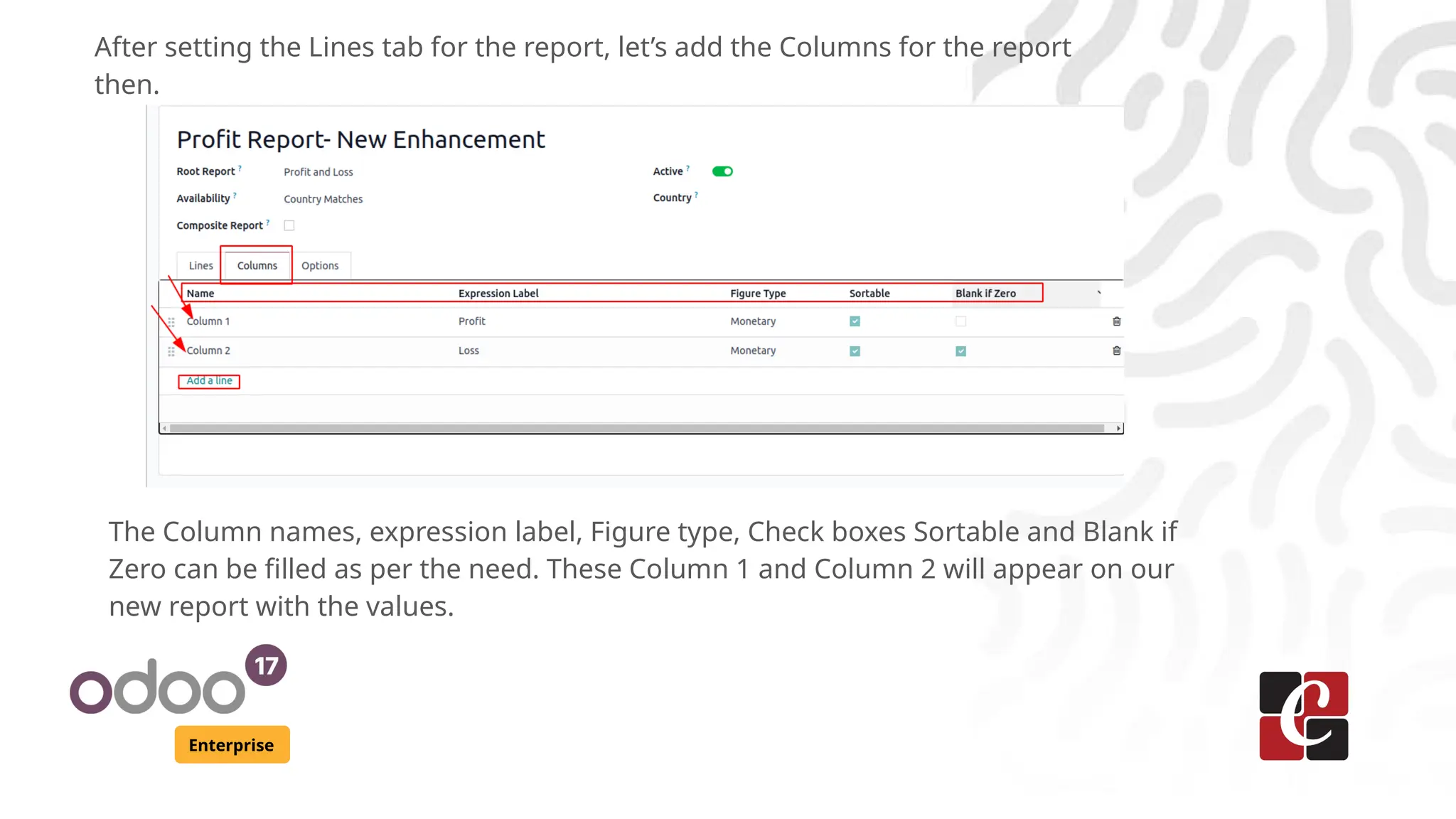 Enterprise
After setting the Lines tab for the report, let’s add the Columns for the report
then.
The Column names, expression label, Figure type, Check boxes Sortable and Blank if
Zero can be filled as per the need. These Column 1 and Column 2 will appear on our
new report with the values.
 