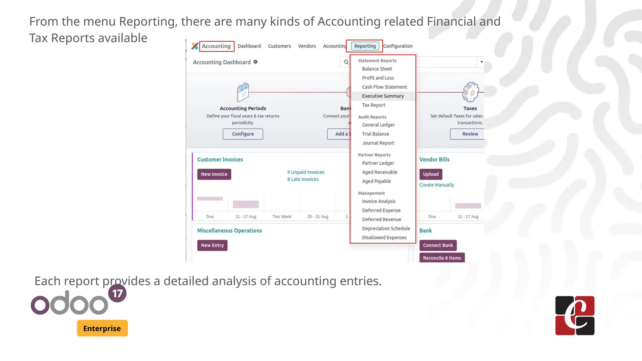 Enterprise
From the menu Reporting, there are many kinds of Accounting related Financial and
Tax Reports available
Each report provides a detailed analysis of accounting entries.
 