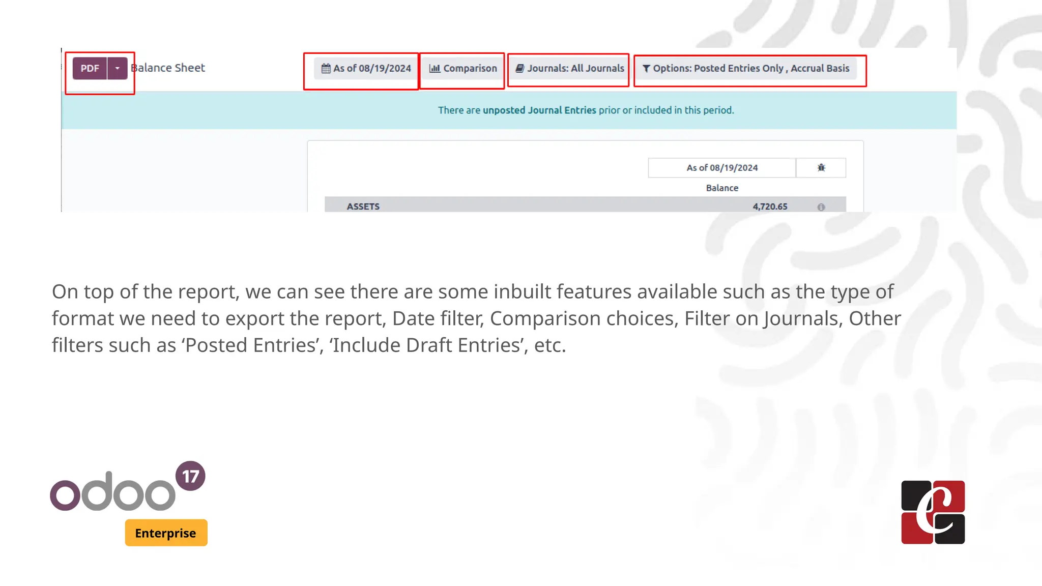 Enterprise
On top of the report, we can see there are some inbuilt features available such as the type of
format we need to export the report, Date filter, Comparison choices, Filter on Journals, Other
filters such as ‘Posted Entries’, ‘Include Draft Entries’, etc.
 