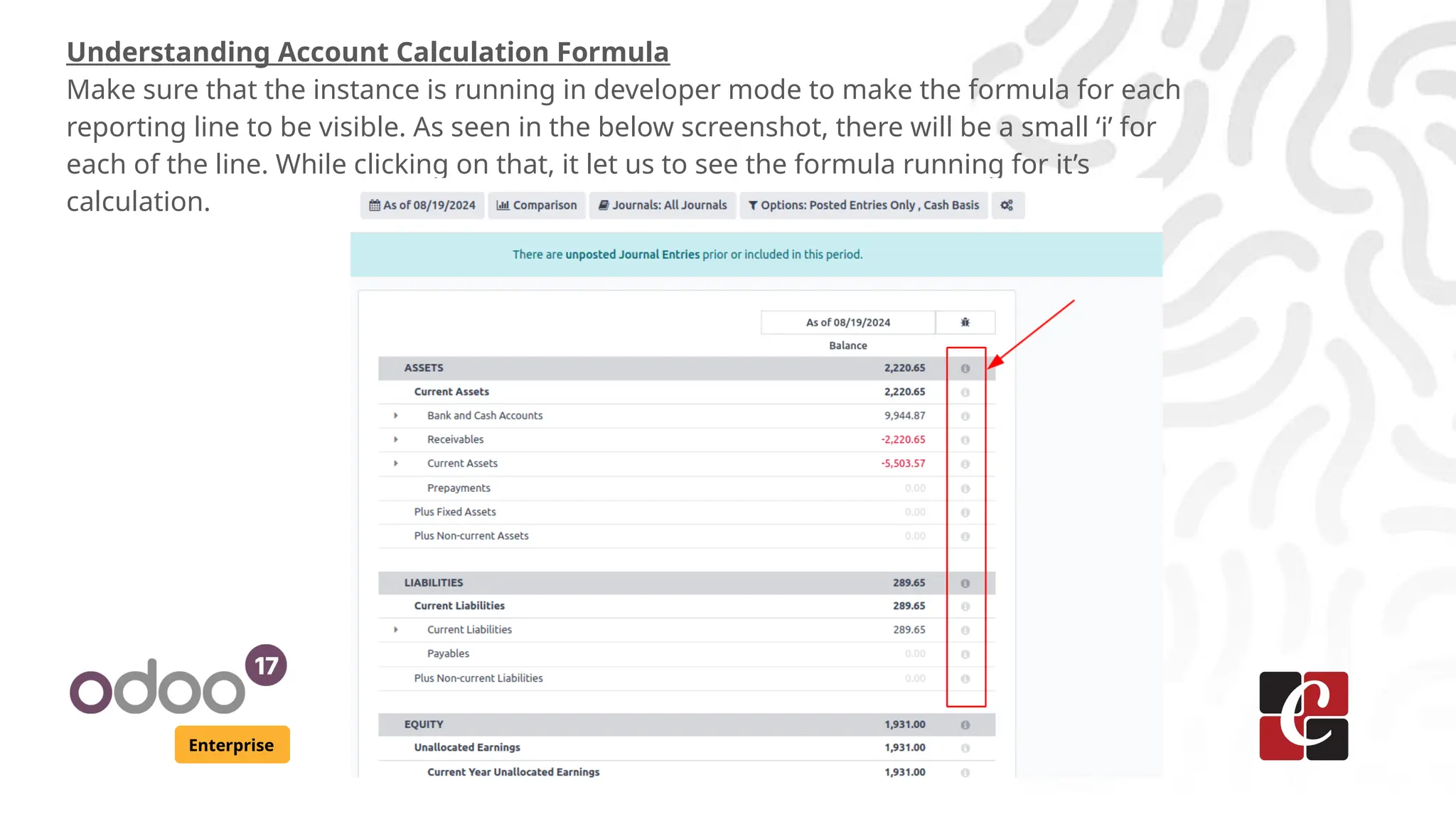 Enterprise
Understanding Account Calculation Formula
Make sure that the instance is running in developer mode to make the formula for each
reporting line to be visible. As seen in the below screenshot, there will be a small ‘i’ for
each of the line. While clicking on that, it let us to see the formula running for it’s
calculation.
 