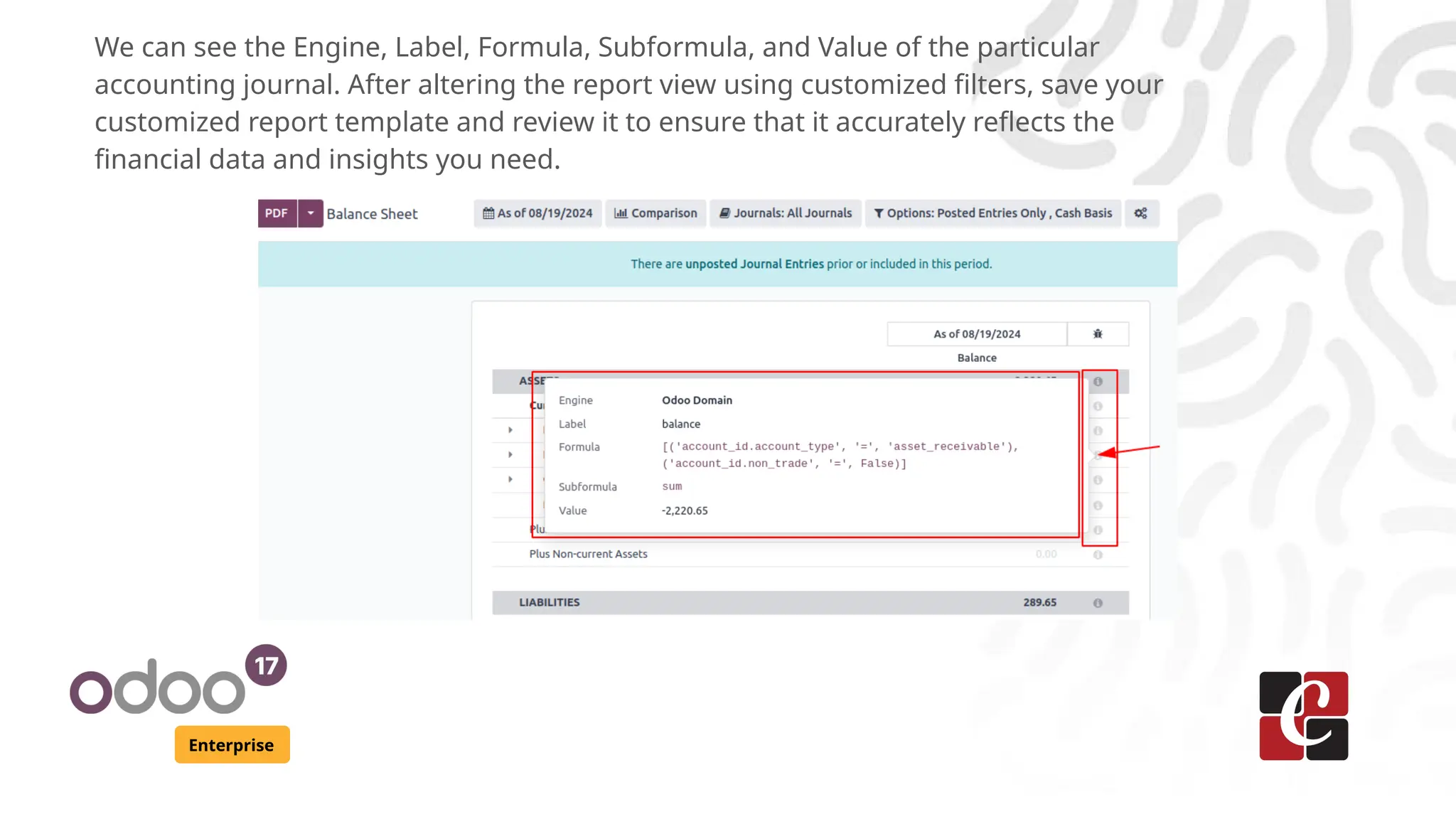 Enterprise
We can see the Engine, Label, Formula, Subformula, and Value of the particular
accounting journal. After altering the report view using customized filters, save your
customized report template and review it to ensure that it accurately reflects the
financial data and insights you need.
 