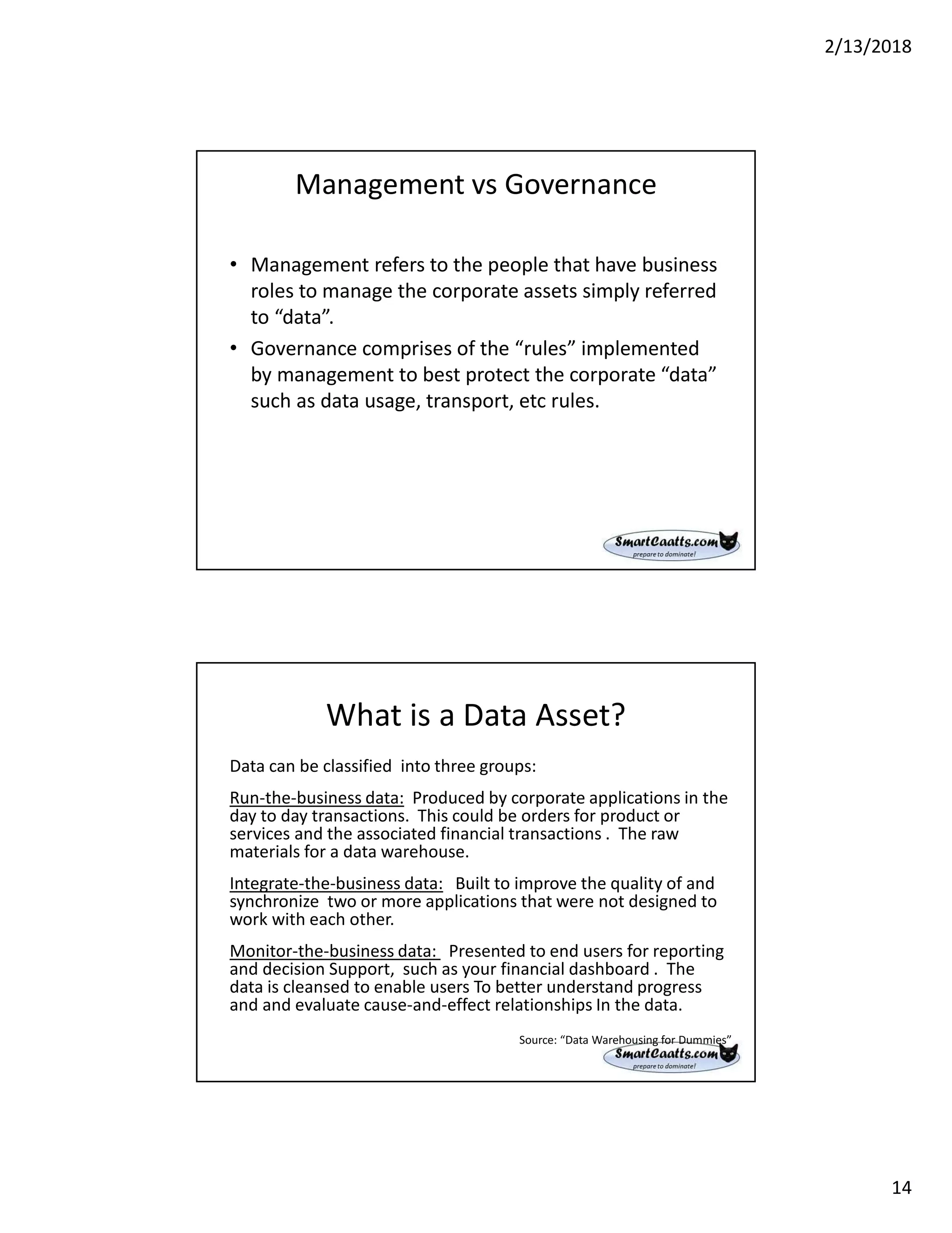 2/13/2018
14
Management vs Governance
• Management refers to the people that have business
roles to manage the corporate assets simply referred
to “data”.
• Governance comprises of the “rules” implemented
by management to best protect the corporate “data”
such as data usage, transport, etc rules.
What is a Data Asset?
Data can be classified into three groups:
Run-the-business data: Produced by corporate applications in the
day to day transactions. This could be orders for product or
services and the associated financial transactions . The raw
materials for a data warehouse.
Integrate-the-business data: Built to improve the quality of and
synchronize two or more applications that were not designed to
work with each other.
Monitor-the-business data: Presented to end users for reporting
and decision Support, such as your financial dashboard . The
data is cleansed to enable users To better understand progress
and and evaluate cause-and-effect relationships In the data.
Source: “Data Warehousing for Dummies”
 