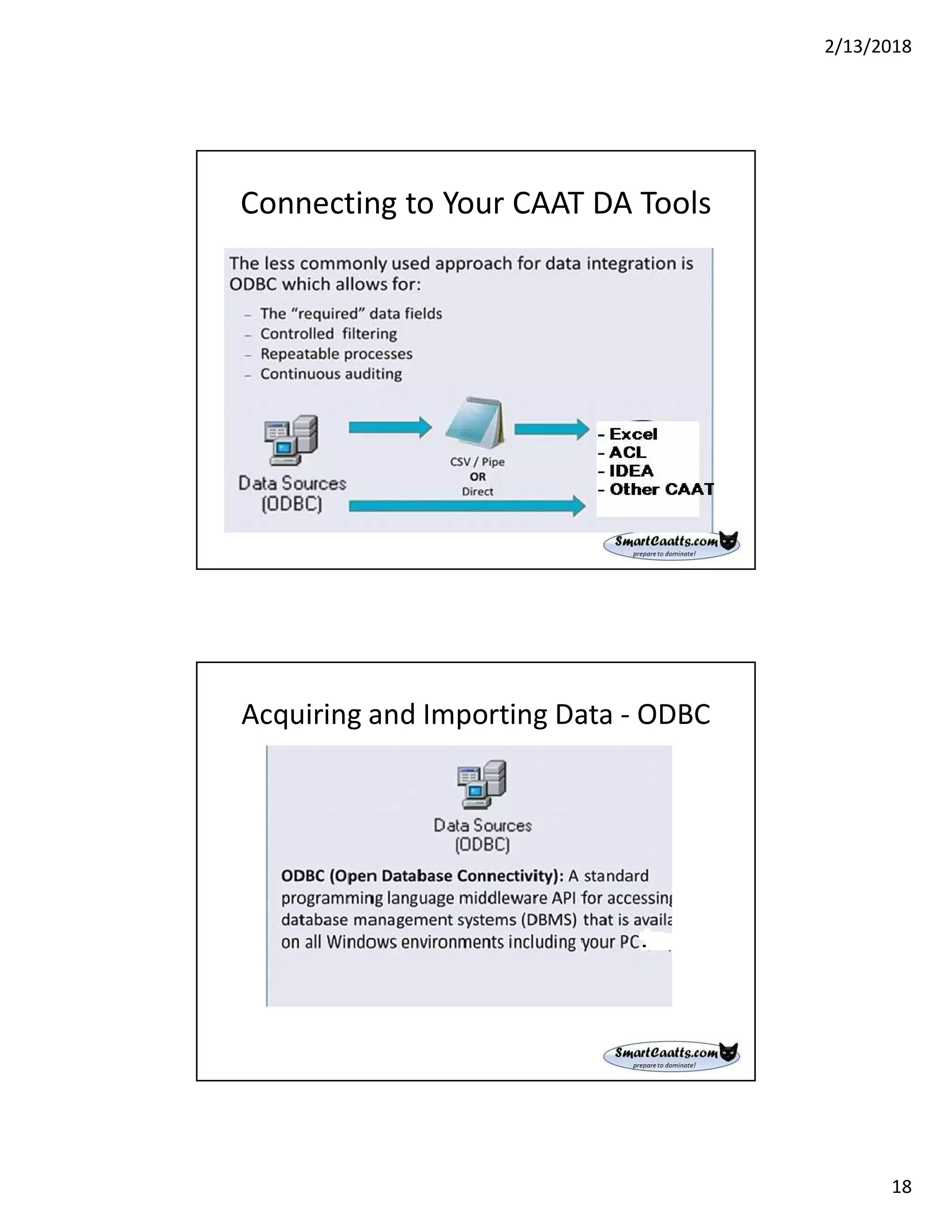 2/13/2018
18
Connecting to Your CAAT DA Tools
Acquiring and Importing Data - ODBC
 